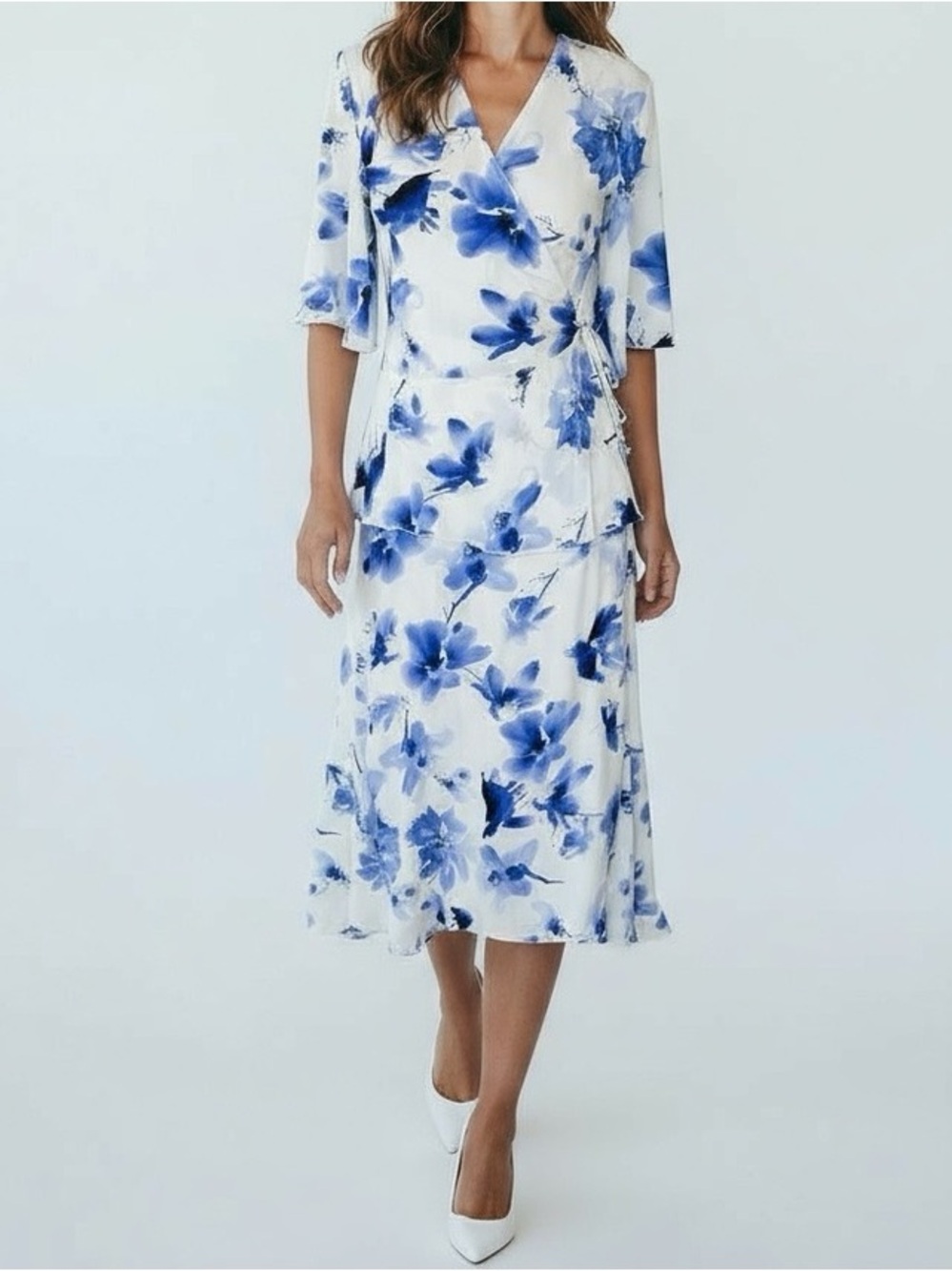 Falconeri Silk Floral Midi Wrap Dress White Blue  Flowy Coastal Party Large NWT